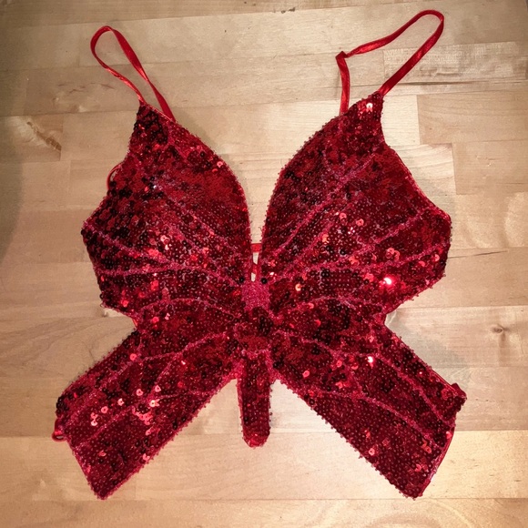 Red Sequin Butterfly Crop Top - Picture 1 of 5
